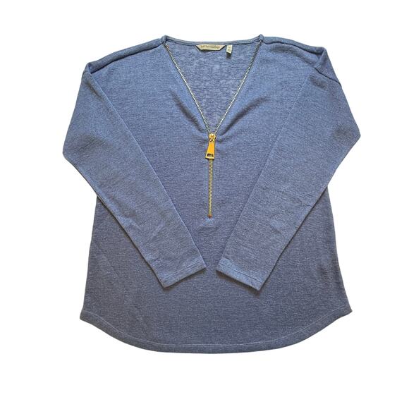 Soft Surroundings Valentina Blue Zip Front Sweater Slub Knit Gold Accent Sz S - Picture 2 of 7